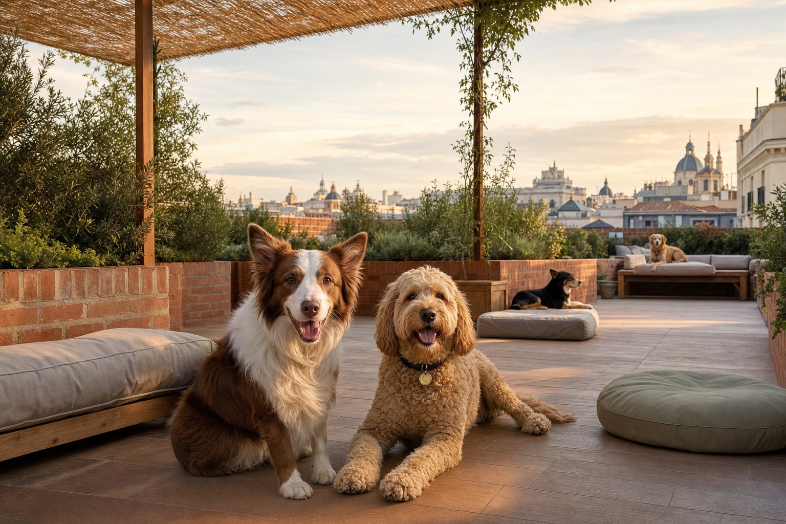 Perros descansando en una azotea ajardinada de Madrid