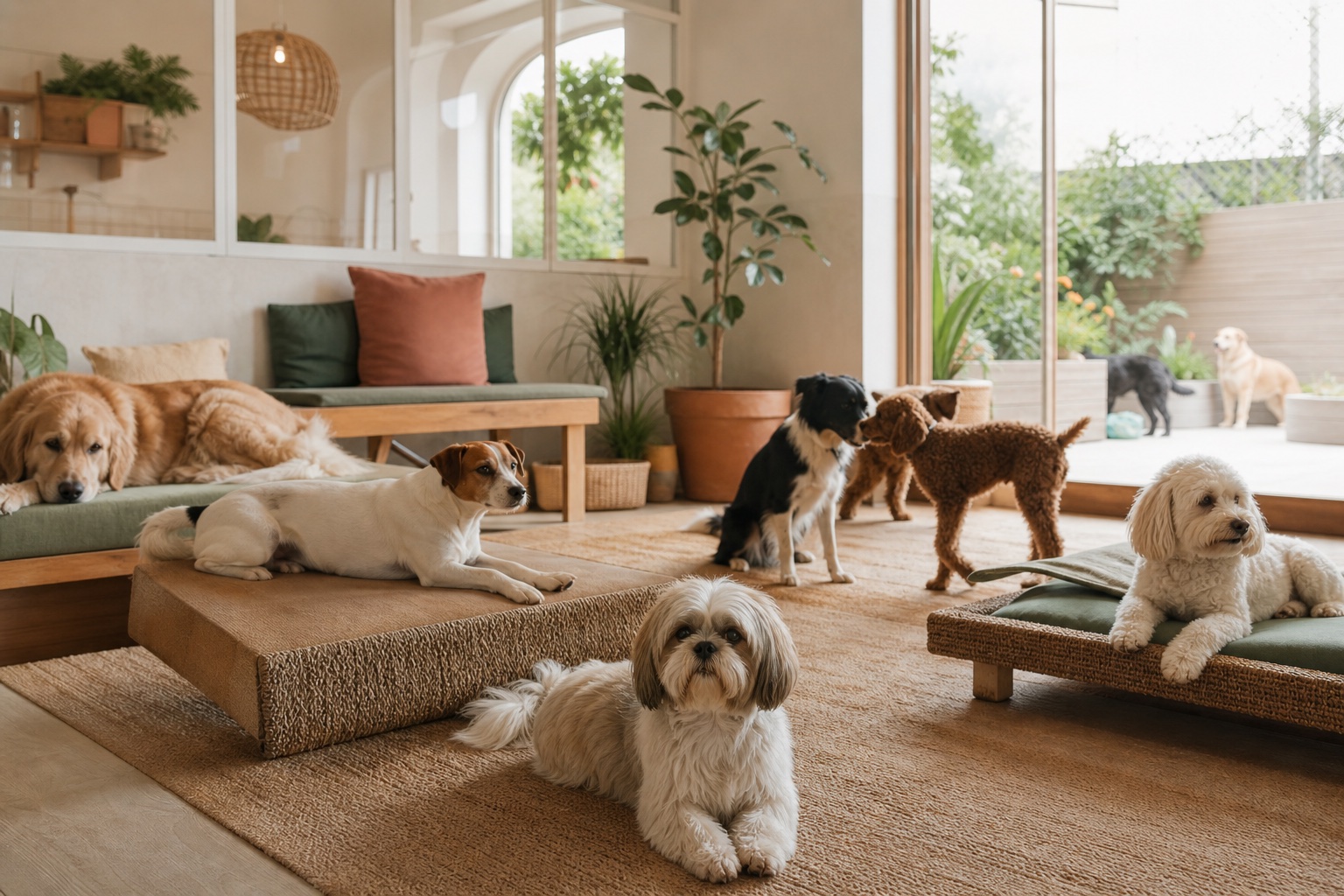 Perros descansando en una sala cálida con camas y luz natural