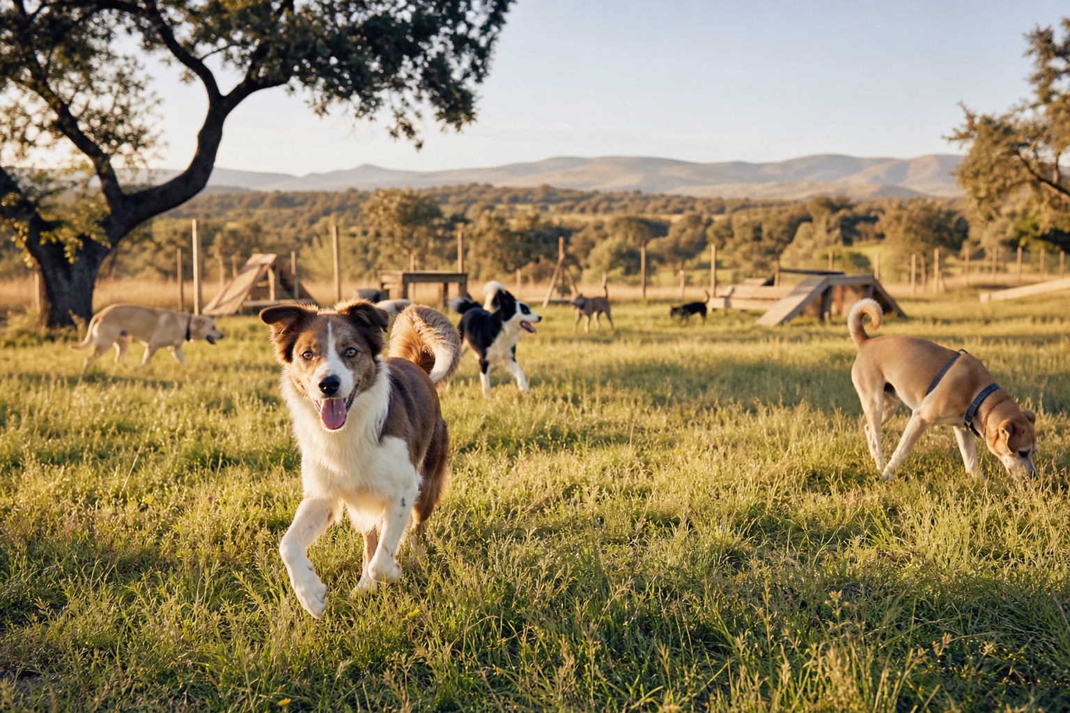 Perros corriendo en una gran pradera con árboles y juegos de madera