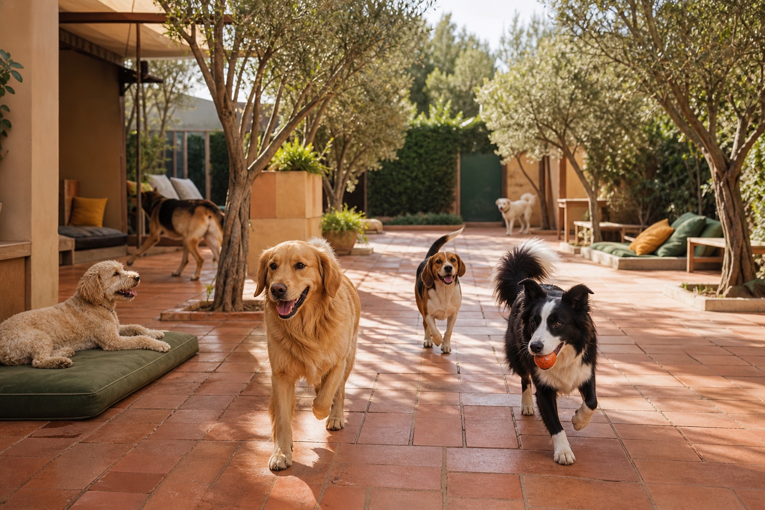 Varios perros jugando en un patio arbolado con olivos