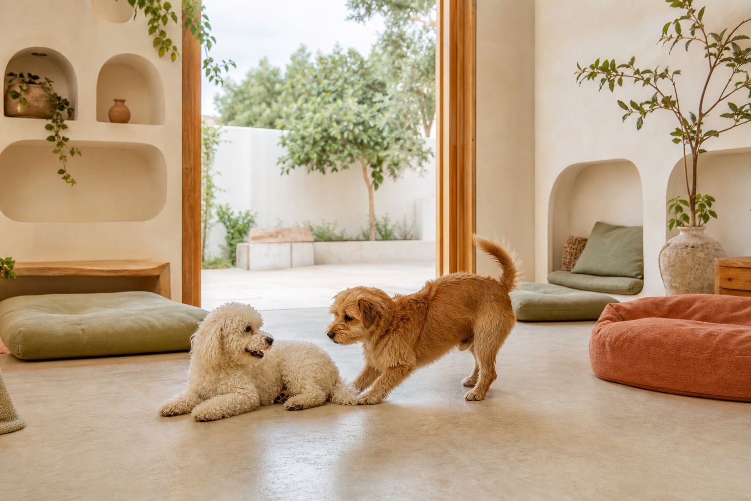 Dos perros pequeños jugando en una sala luminosa junto al patio