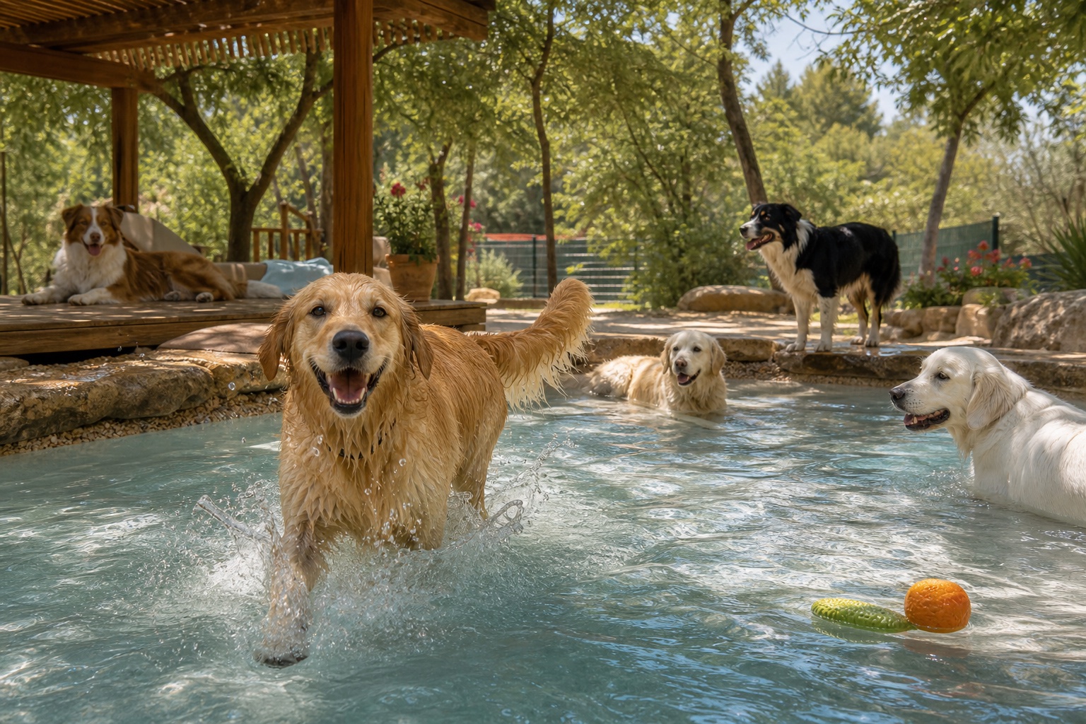 Perros refrescándose en una piscina canina poco profunda