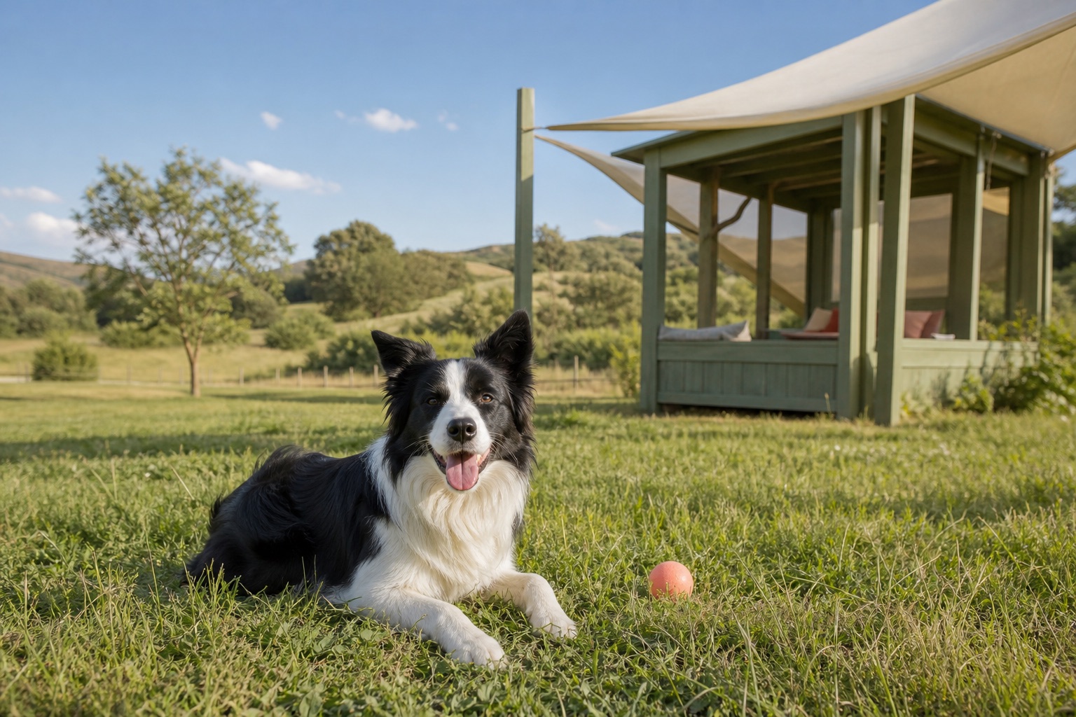 Border collie descansando en una pradera verde