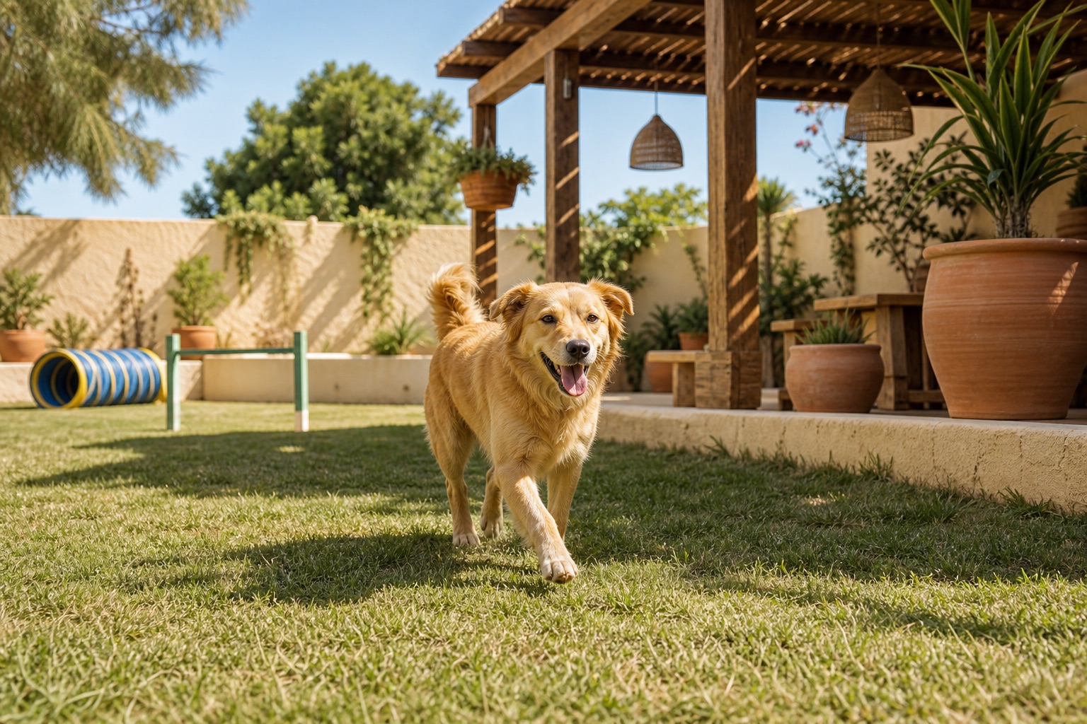 Perro dorado jugando en un jardín soleado y cercado